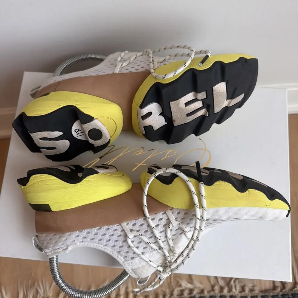Sorel Women KINETIC Impact Lace White Sea Saly Yellow Lace Up Sneaker Sz 8 Shoes